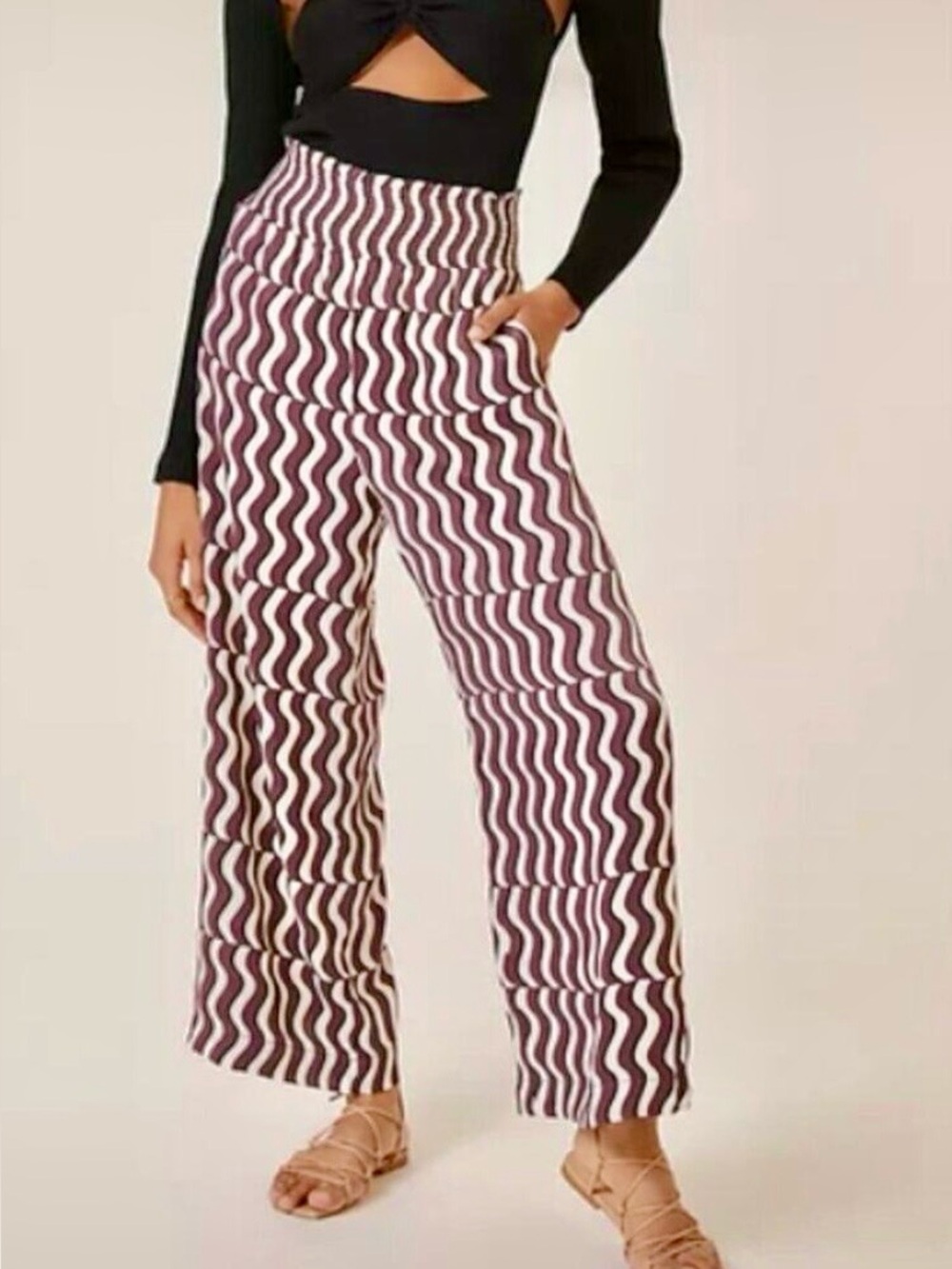 Maeve for Anthropologie Purple & Ivory Wavy-Stripe Wide-Leg Pants.